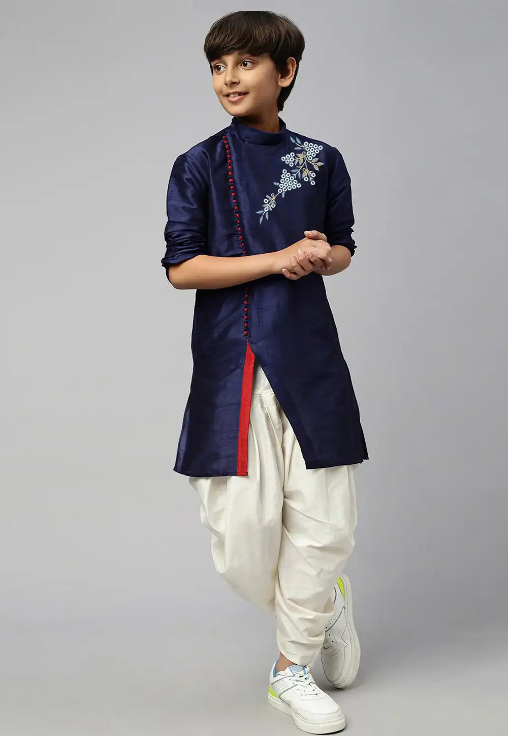 Navy Blue Dupion Silk Kids Dhoti Kurta 288306