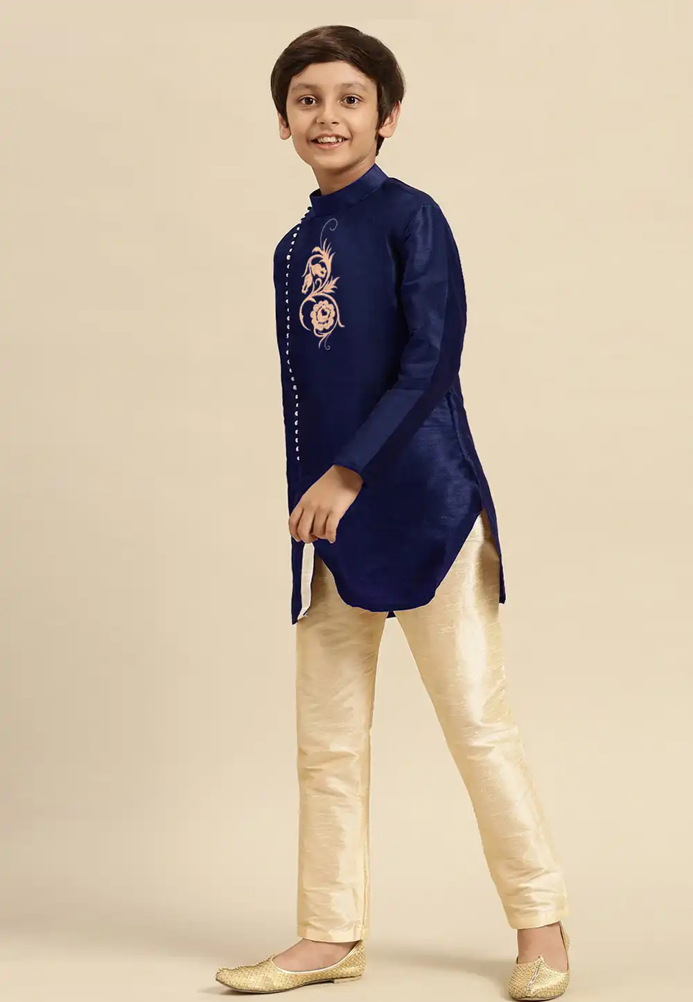 Navy Blue Dupion Silk Kids Kurta Pajama 289215