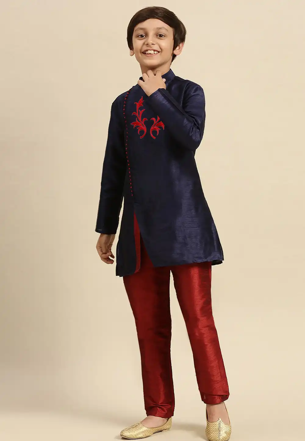 Navy Blue Dupion Silk Kids Kurta Pajama 288313