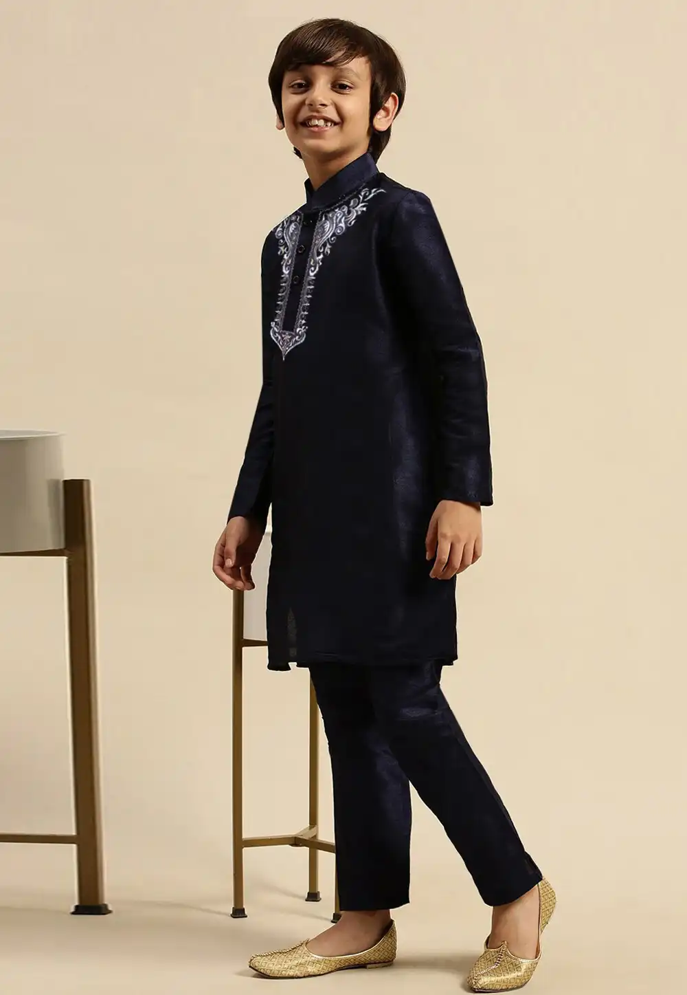 Navy Blue Dupion Silk Kids Kurta Pajama 288315