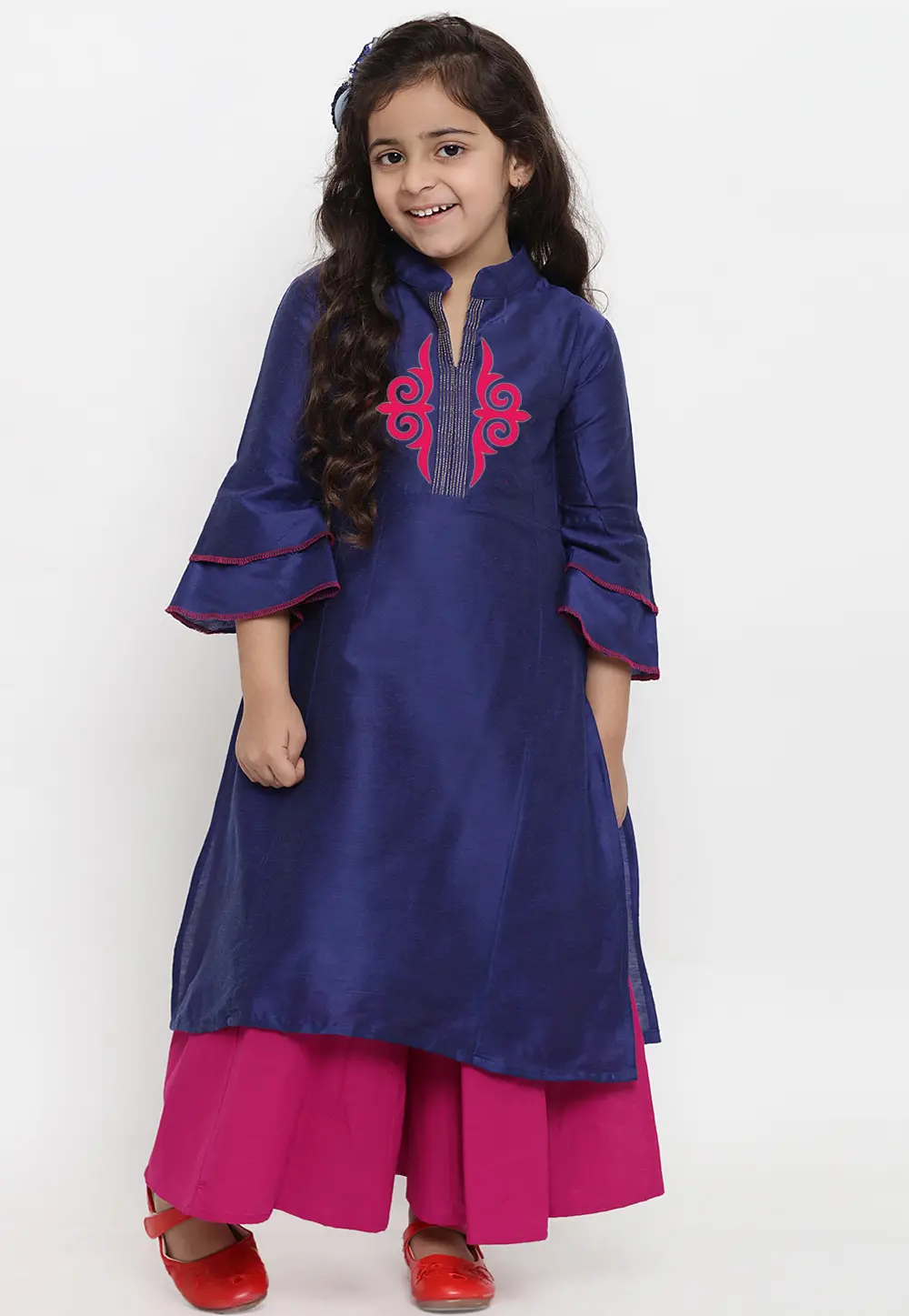 Navy Blue Dupion Silk Kids Palazzo Suit 301839