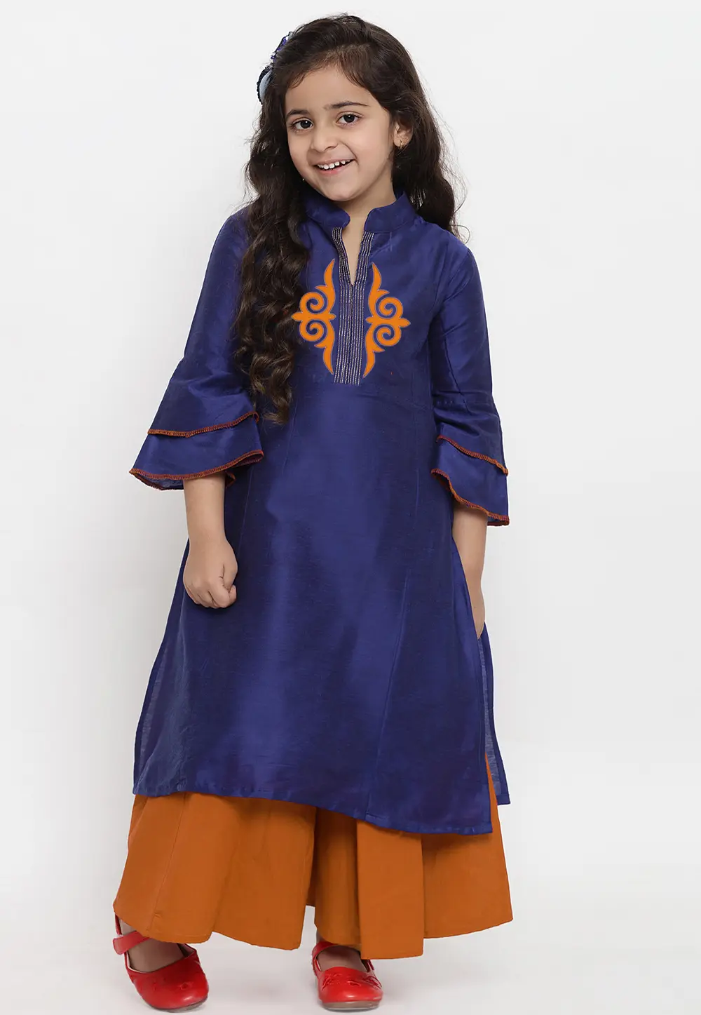 Navy Blue Dupion Silk Kids Palazzo Suit 301842