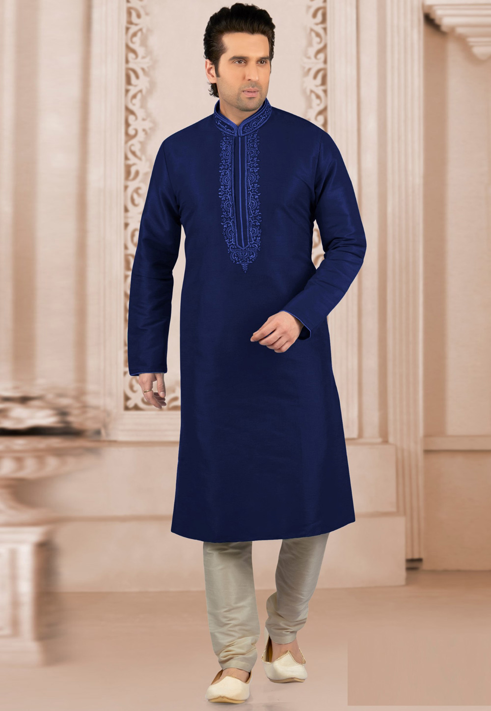 Navy Blue Dupion Silk Kurta Pajama 309768