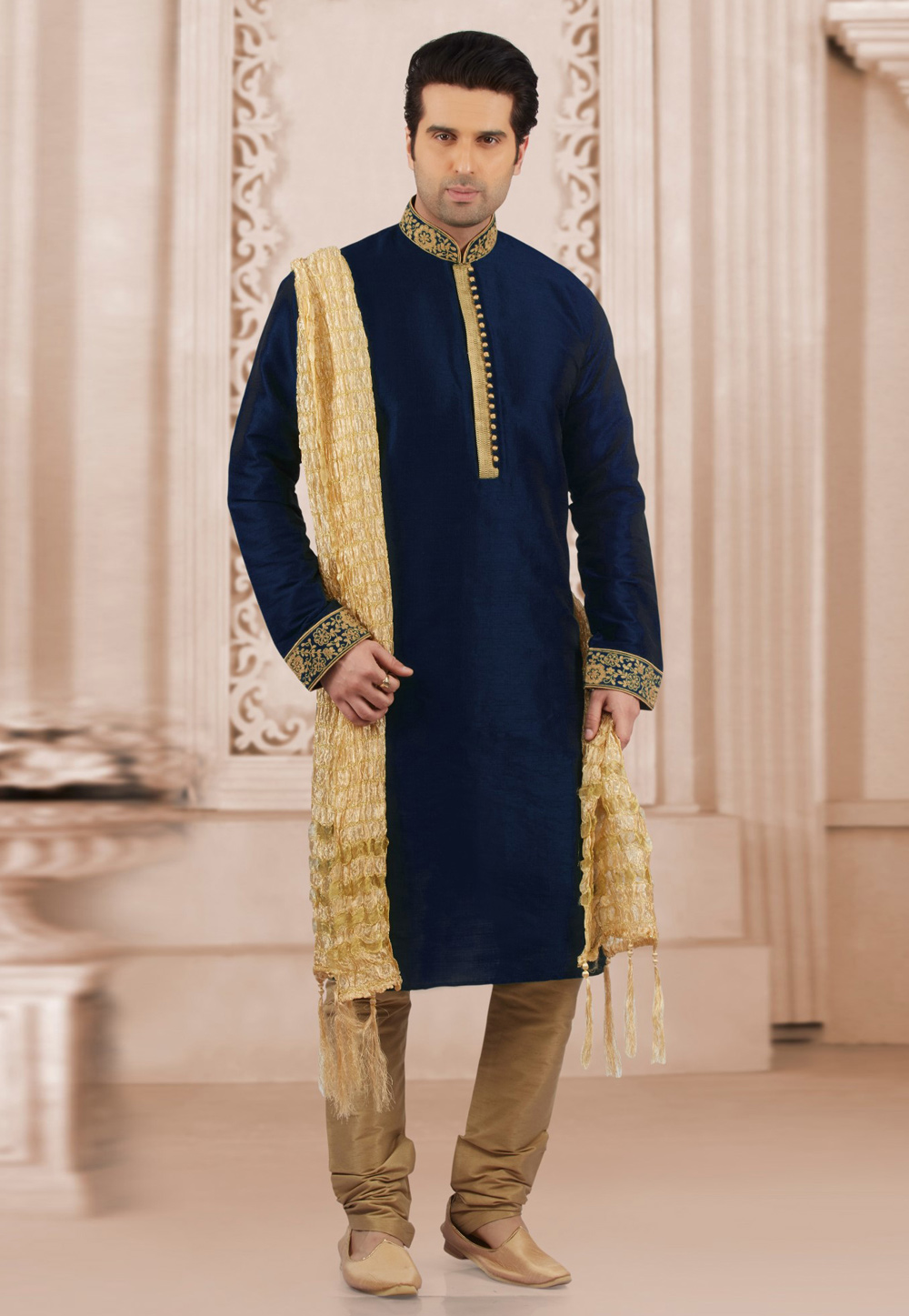 Navy Blue Dupion Silk Kurta Pajama 309965