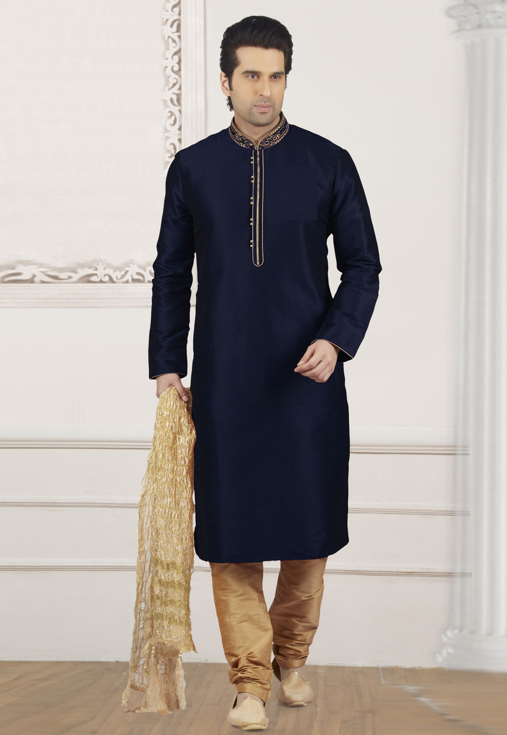 Navy Blue Dupion Silk Kurta Pajama 309968