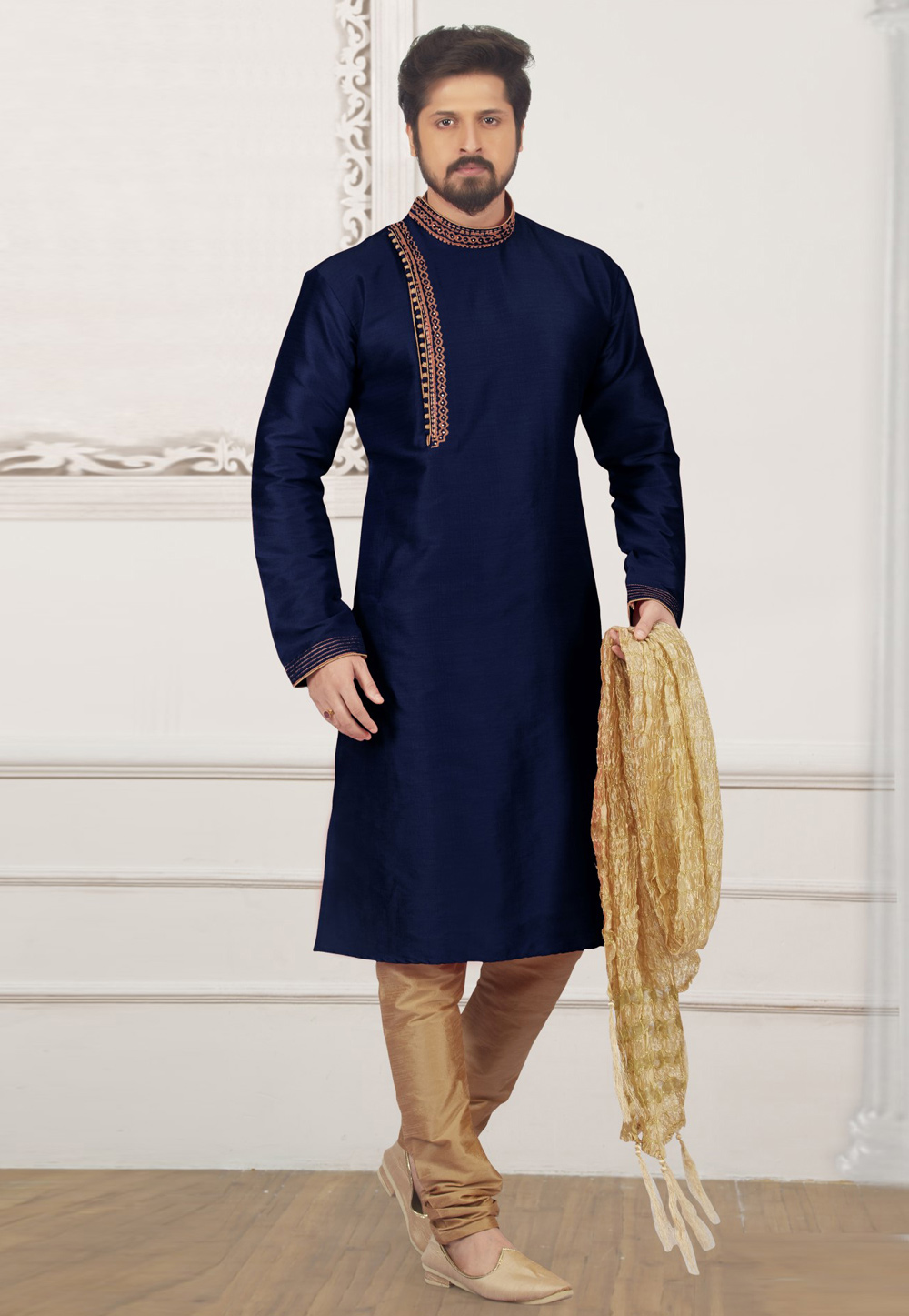 Navy Blue Dupion Silk Kurta Pajama 309974