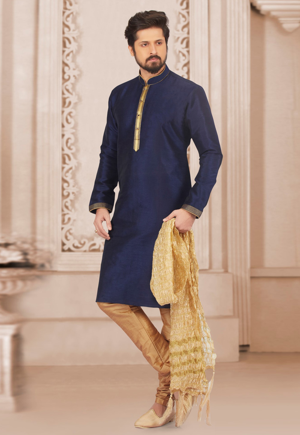 Navy Blue Dupion Silk Kurta Pajama 310791
