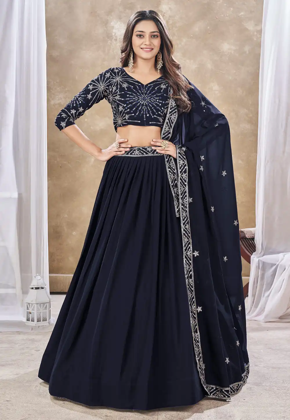 Navy Blue Faux Georgette Circular Lehenga Choli 290986