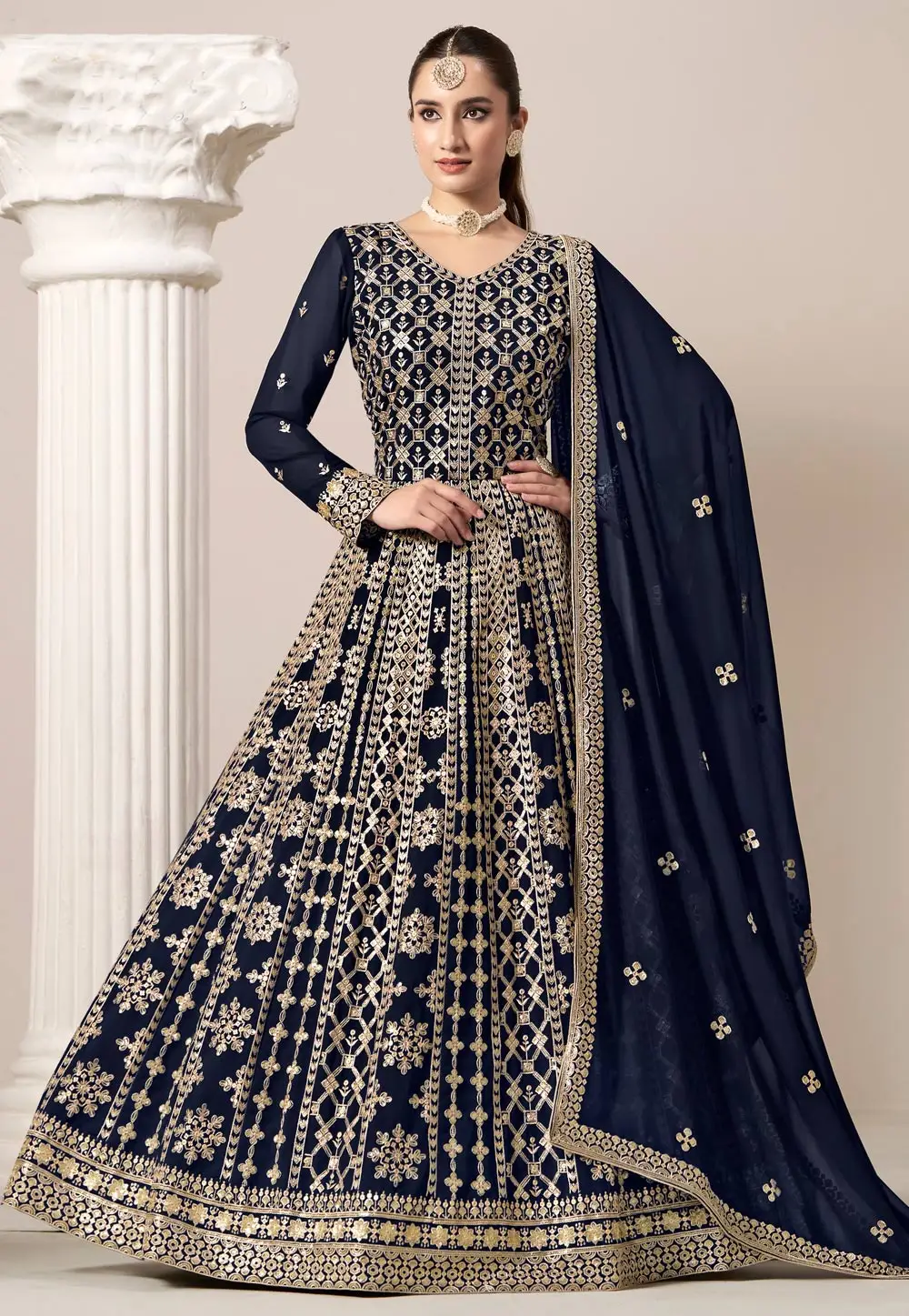 Navy Blue Faux Georgette Embroidered Anarkali Suit 296588