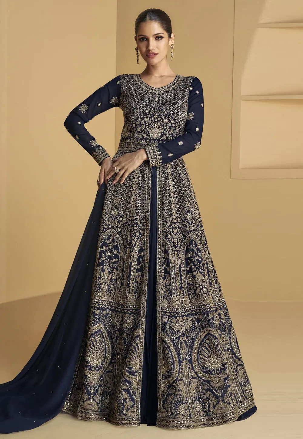 Navy Blue Faux Georgette Embroidered Center Slit Anarkali Suit 302375