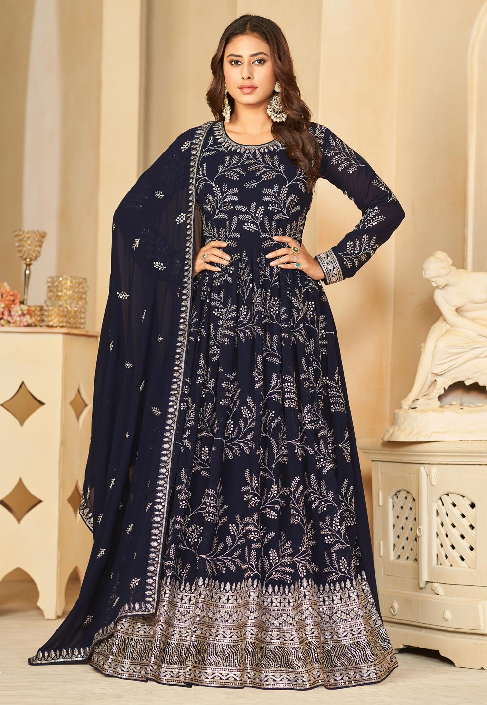 Navy Blue Faux Georgette Embroidered Long Anarkali Suit 281910