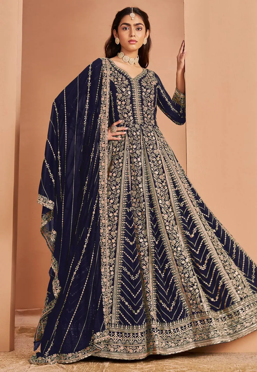 Navy Blue Faux Georgette Embroidered Long Anarkali Suit 303243