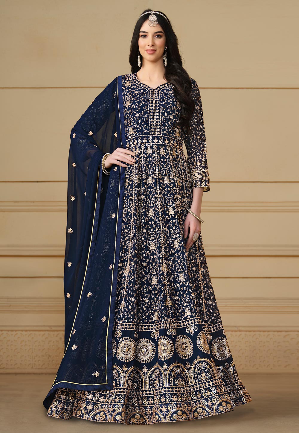 Navy Blue Faux Georgette Embroidered Long Anarkali Suit 283857