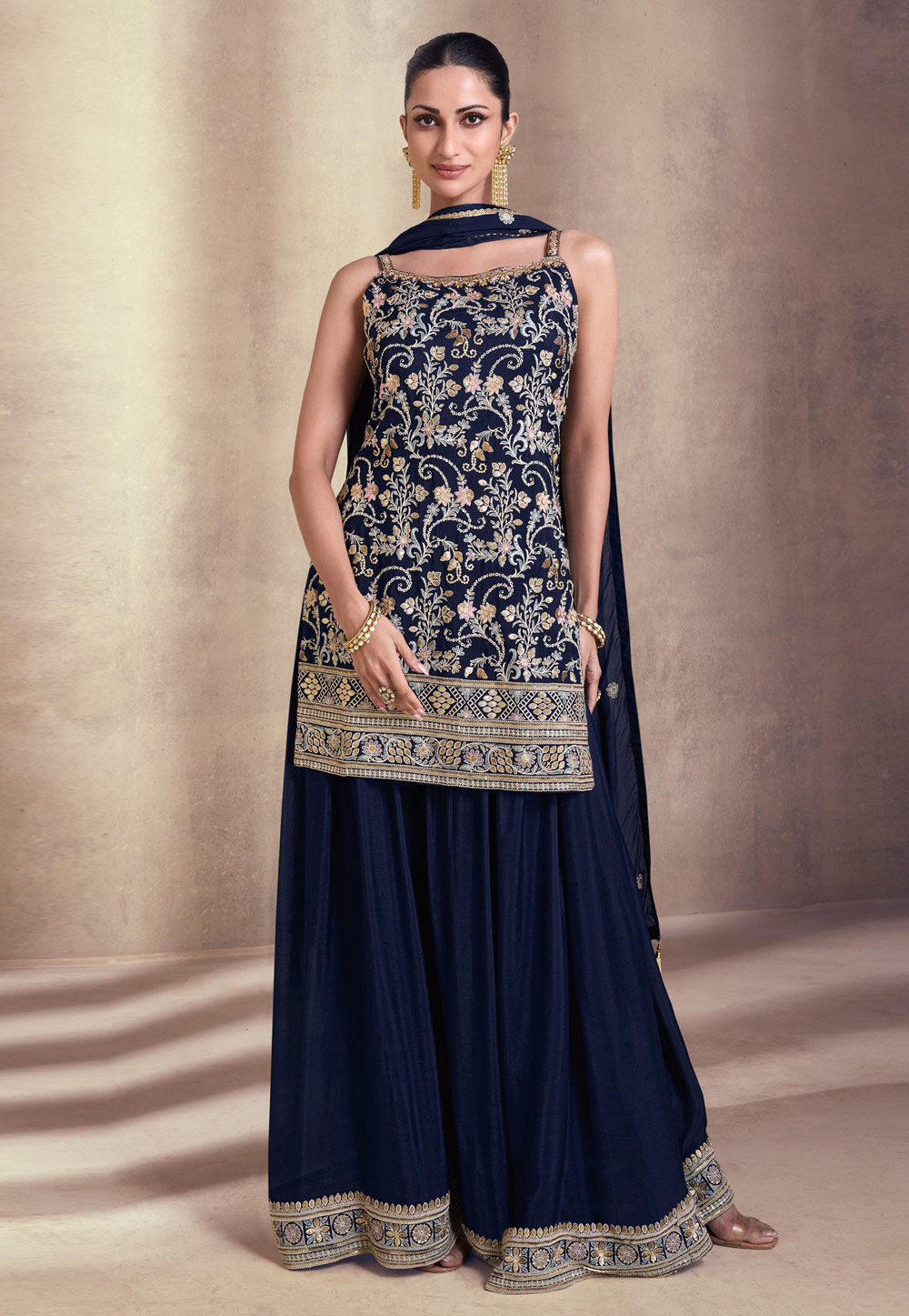 Navy Blue Faux Georgette Embroidered Sharara Suit 285987