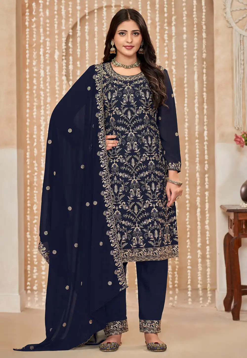 Navy Blue Faux Georgette Embroidered Straight Suit 292863