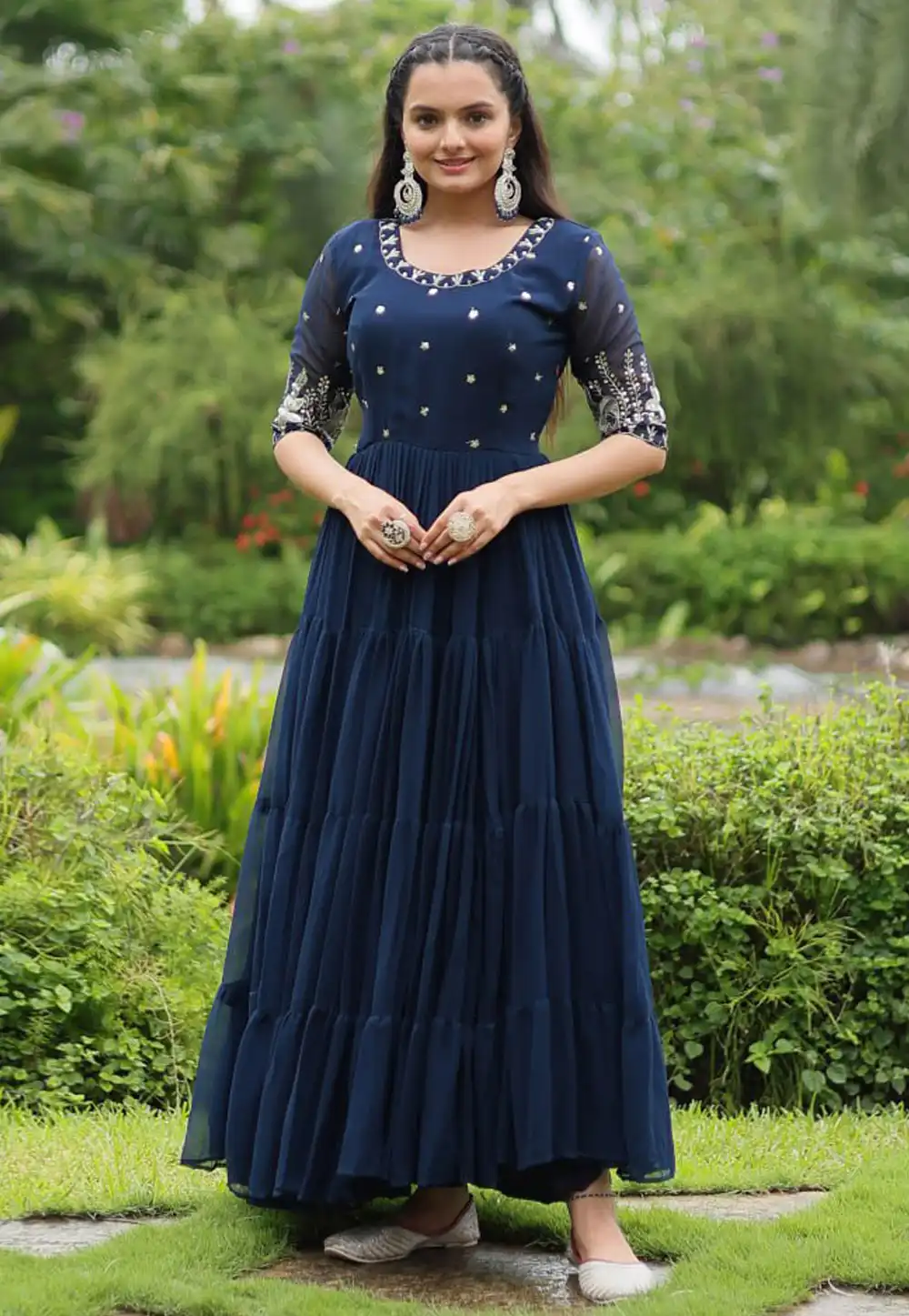 Navy Blue Faux Georgette Gown 295092