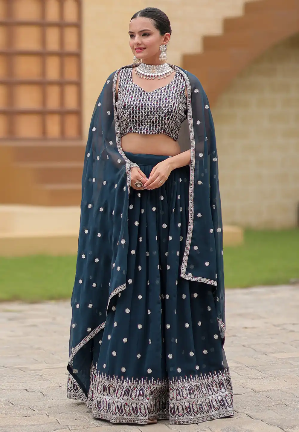 Navy Blue Faux Georgette Lehenga Choli 293523