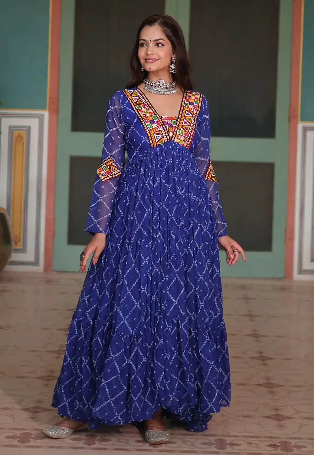 Navy Blue Faux Georgette Navratri Wear Gown 293152