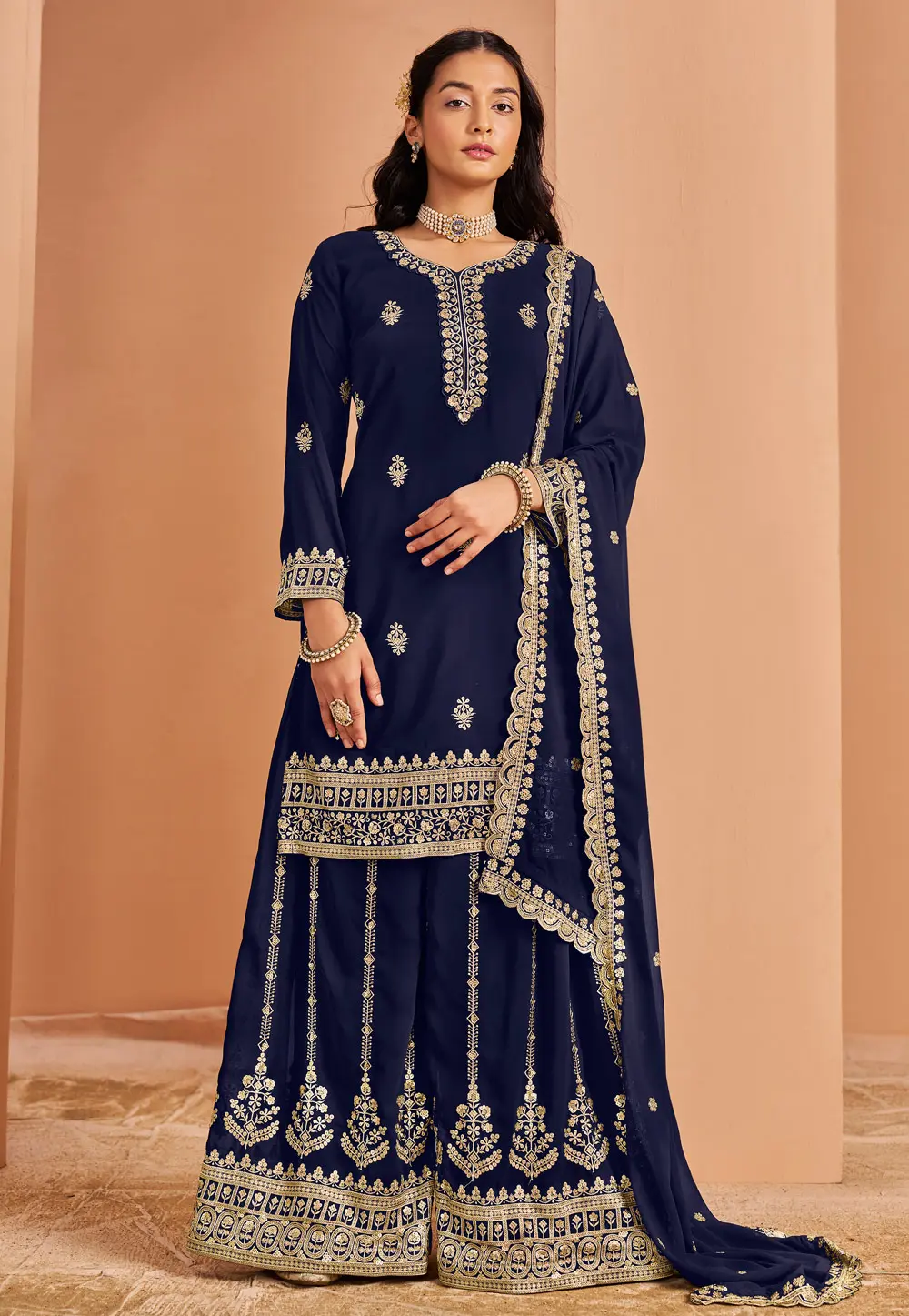 Navy Blue Faux Georgette Palazzo Suit 302369