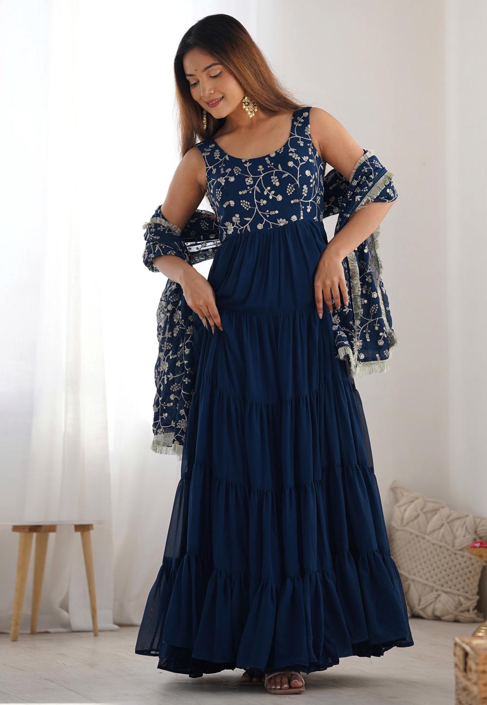 Navy Blue Faux Georgette Readymade Anarkali Suit 305890