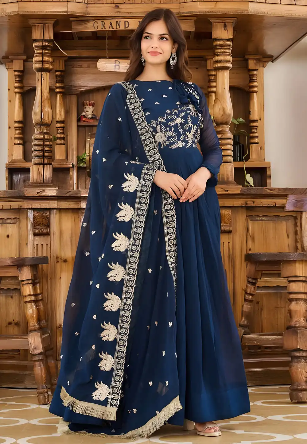 Navy Blue Faux Georgette Readymade Anarkali Suit 294117