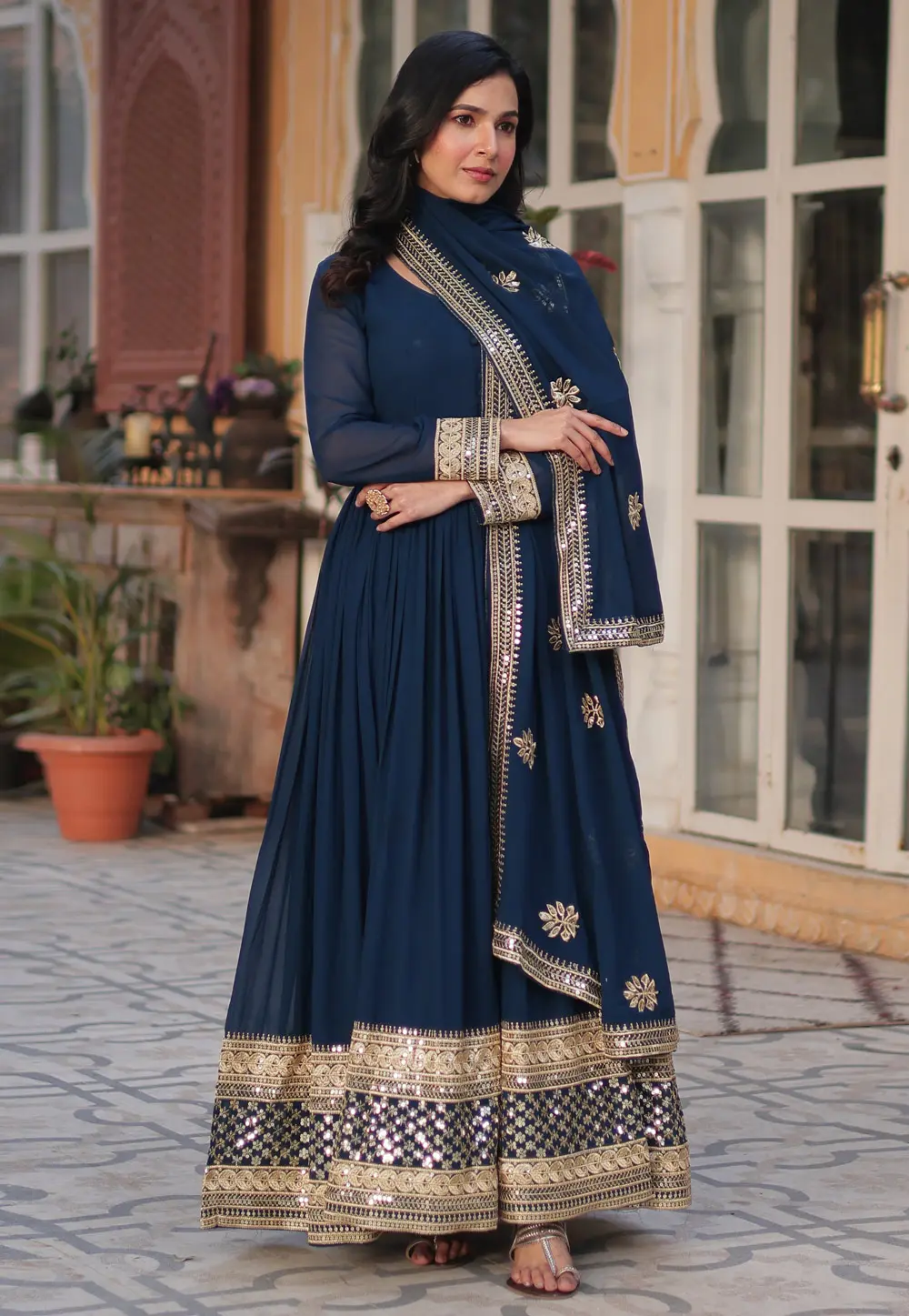 Navy Blue Faux Georgette Readymade Anarkali Suit 301634