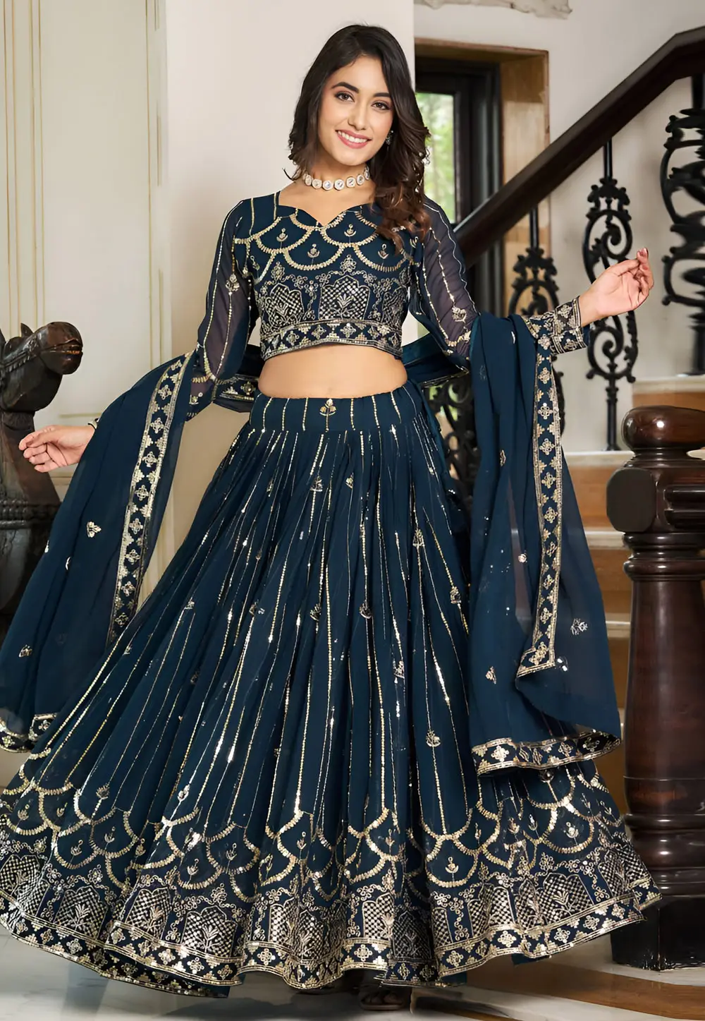 Navy Blue Faux Georgette Readymade Circular Lehenga Choli 295488