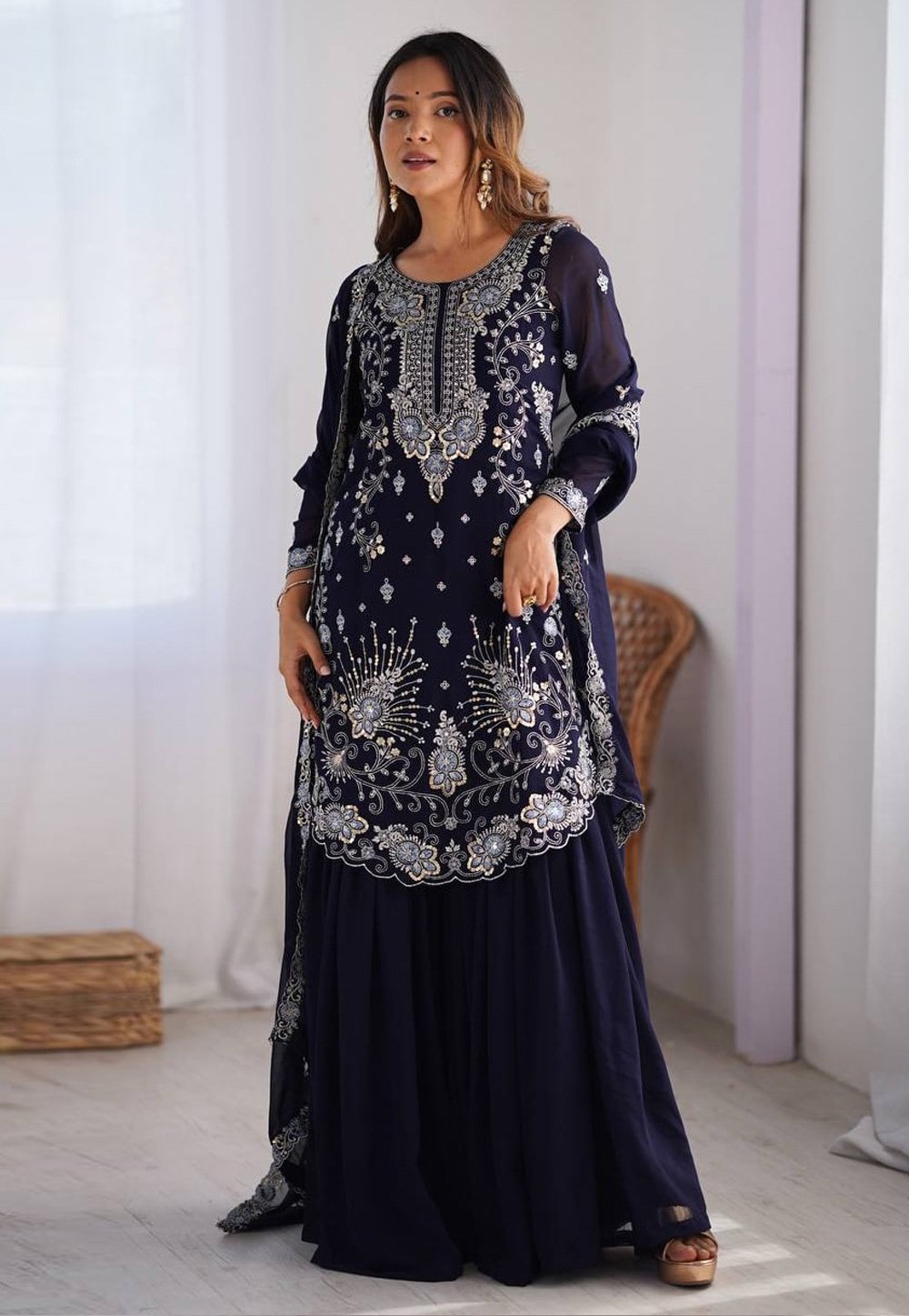 Navy Blue Faux Georgette Readymade Gharara Suit 310765