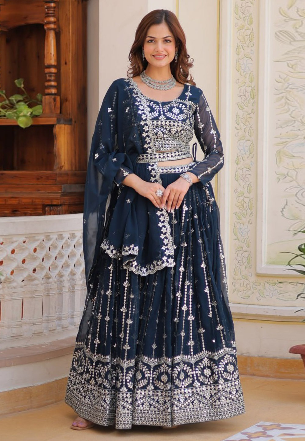 Navy Blue Faux Georgette Readymade Lehenga Choli 305550