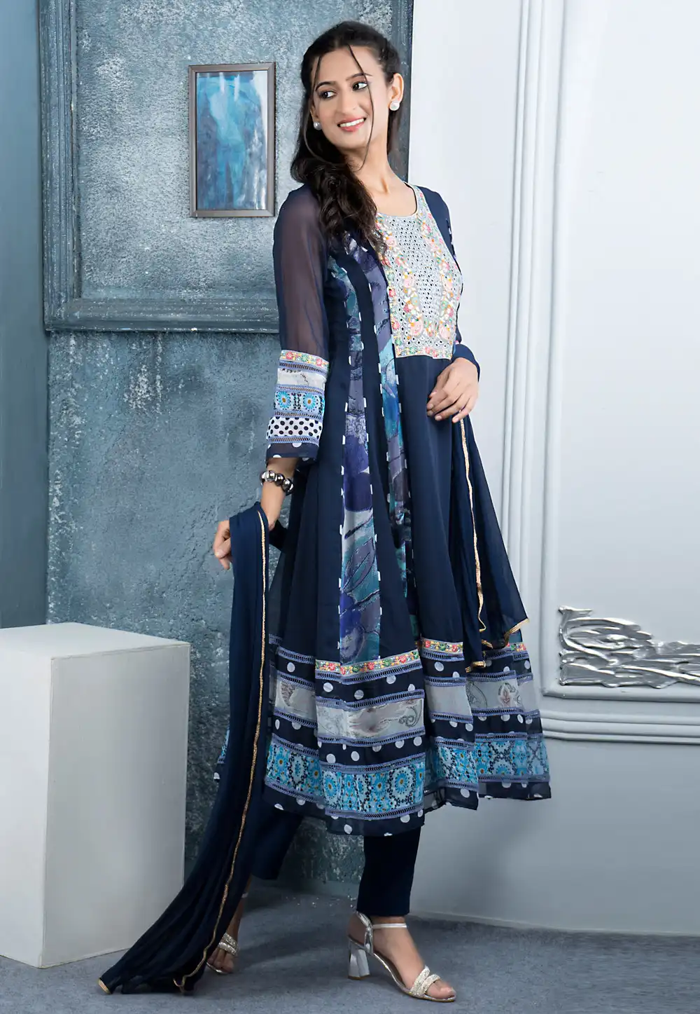 Navy Blue Faux Georgette Readymade Pant Style Suit 290048