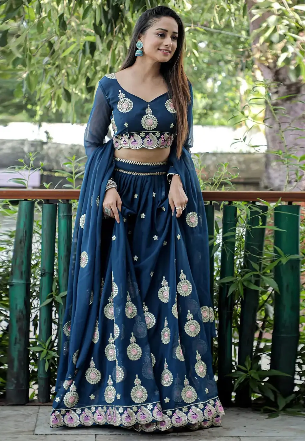 Navy Blue Georgette A Line Lehenga Choli 301142