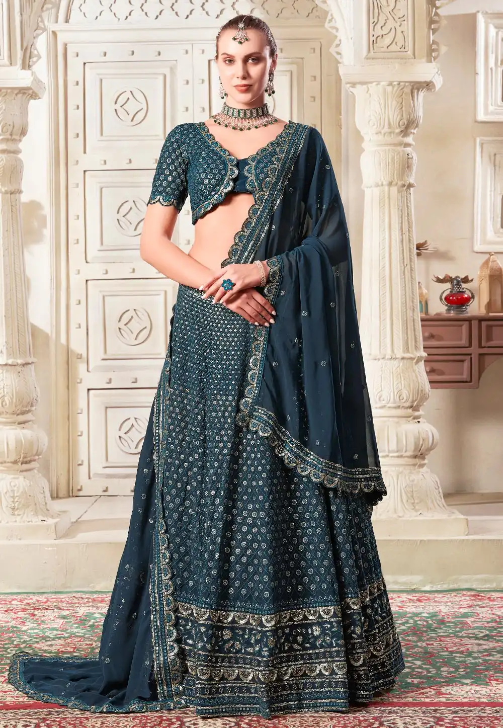 Navy Blue Georgette A Line Lehenga Choli 294452