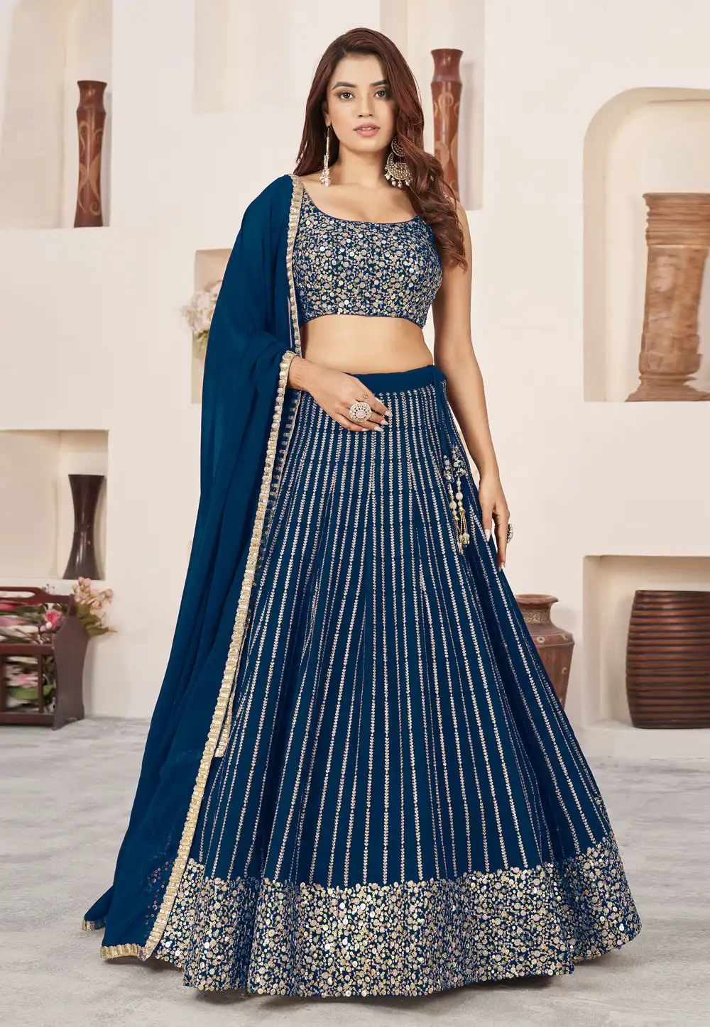 Navy Blue Georgette A Line Lehenga Choli 294284