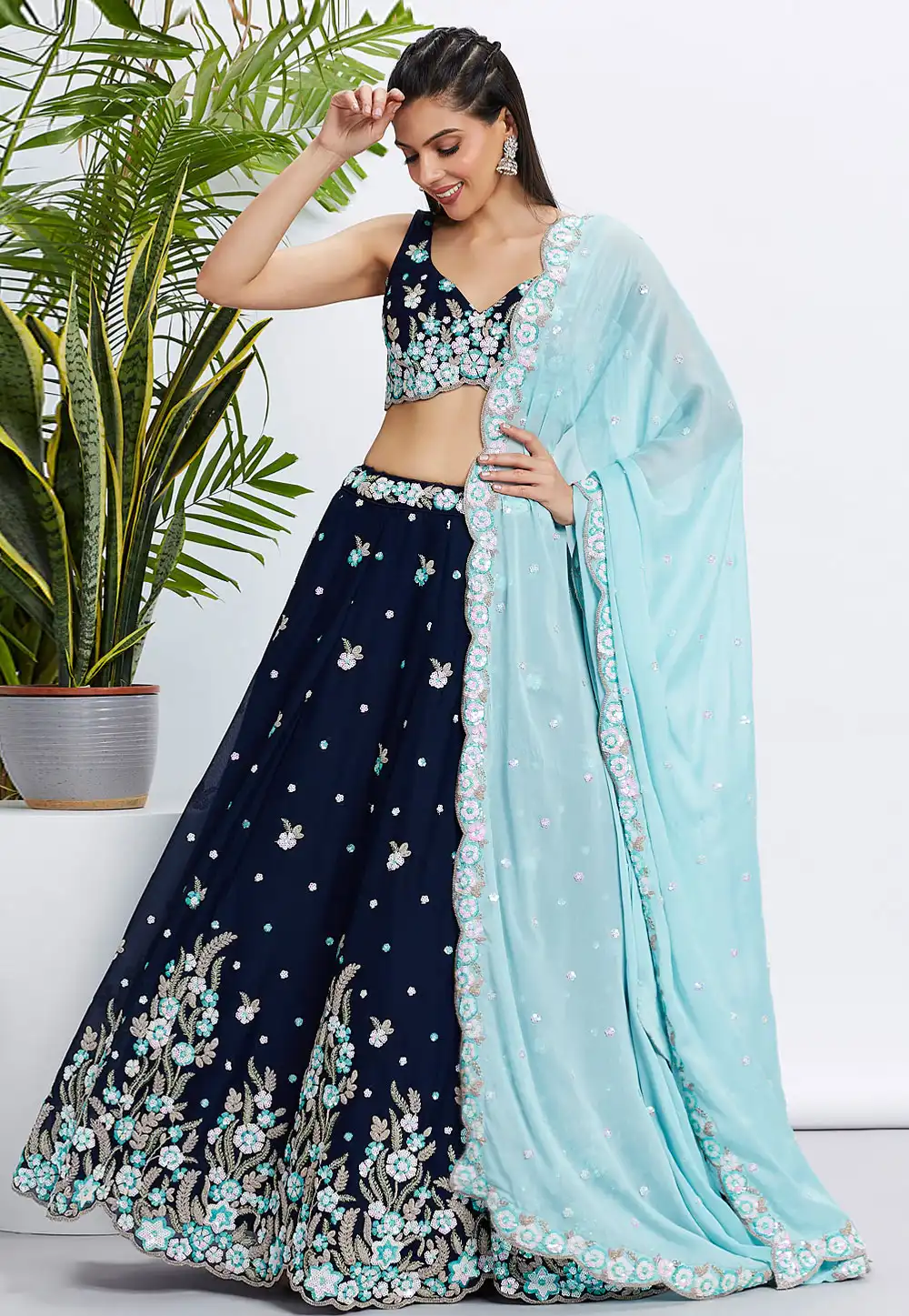 Navy Blue Georgette A Line Lehenga Choli 291801