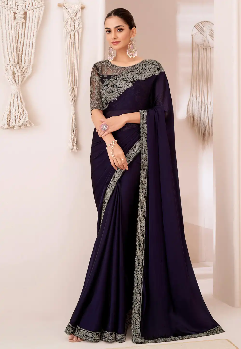 Navy Blue Georgette Chiffon Saree With Blouse 292307