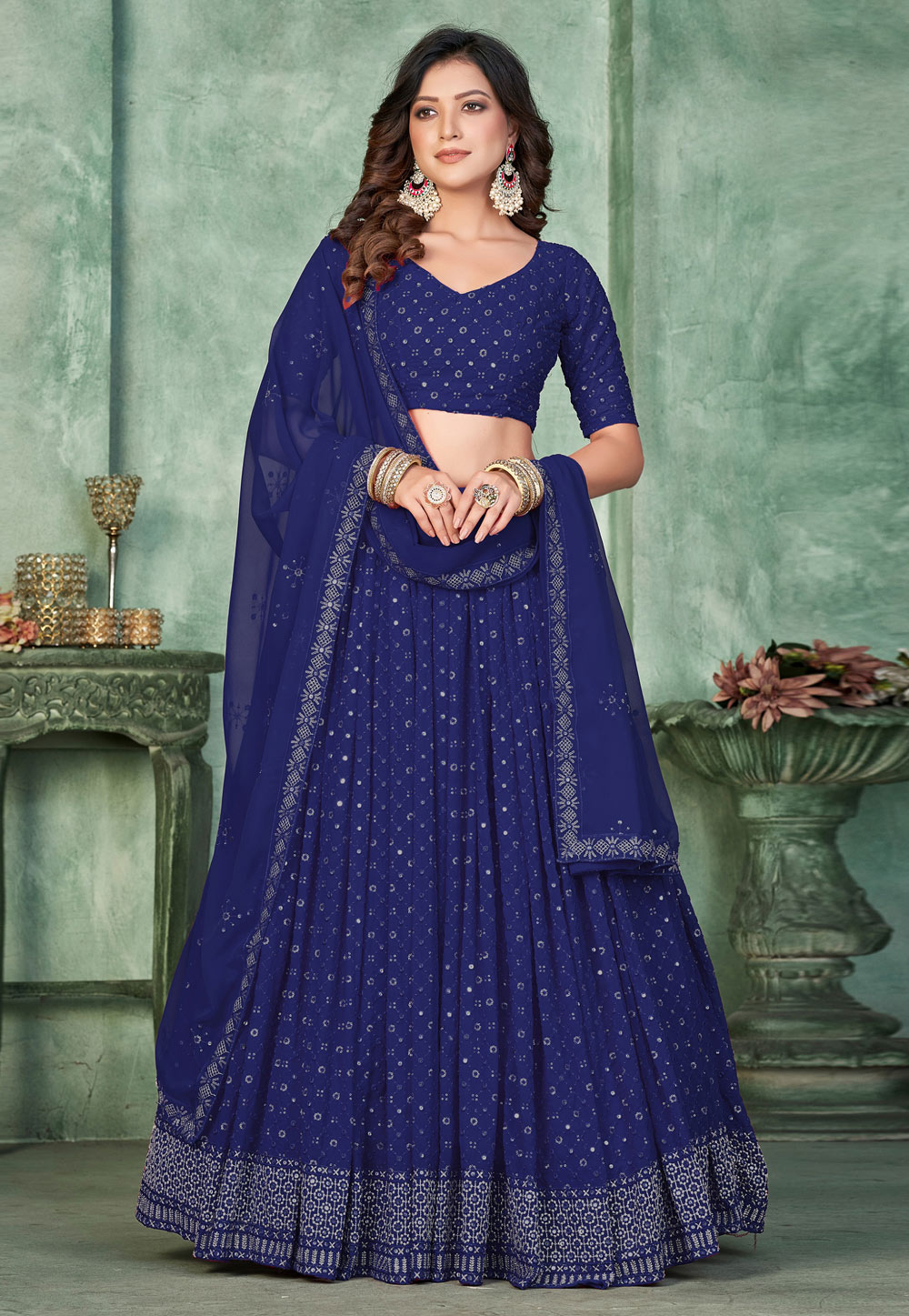 Navy Blue Georgette Circular Lehenga Choli 309339