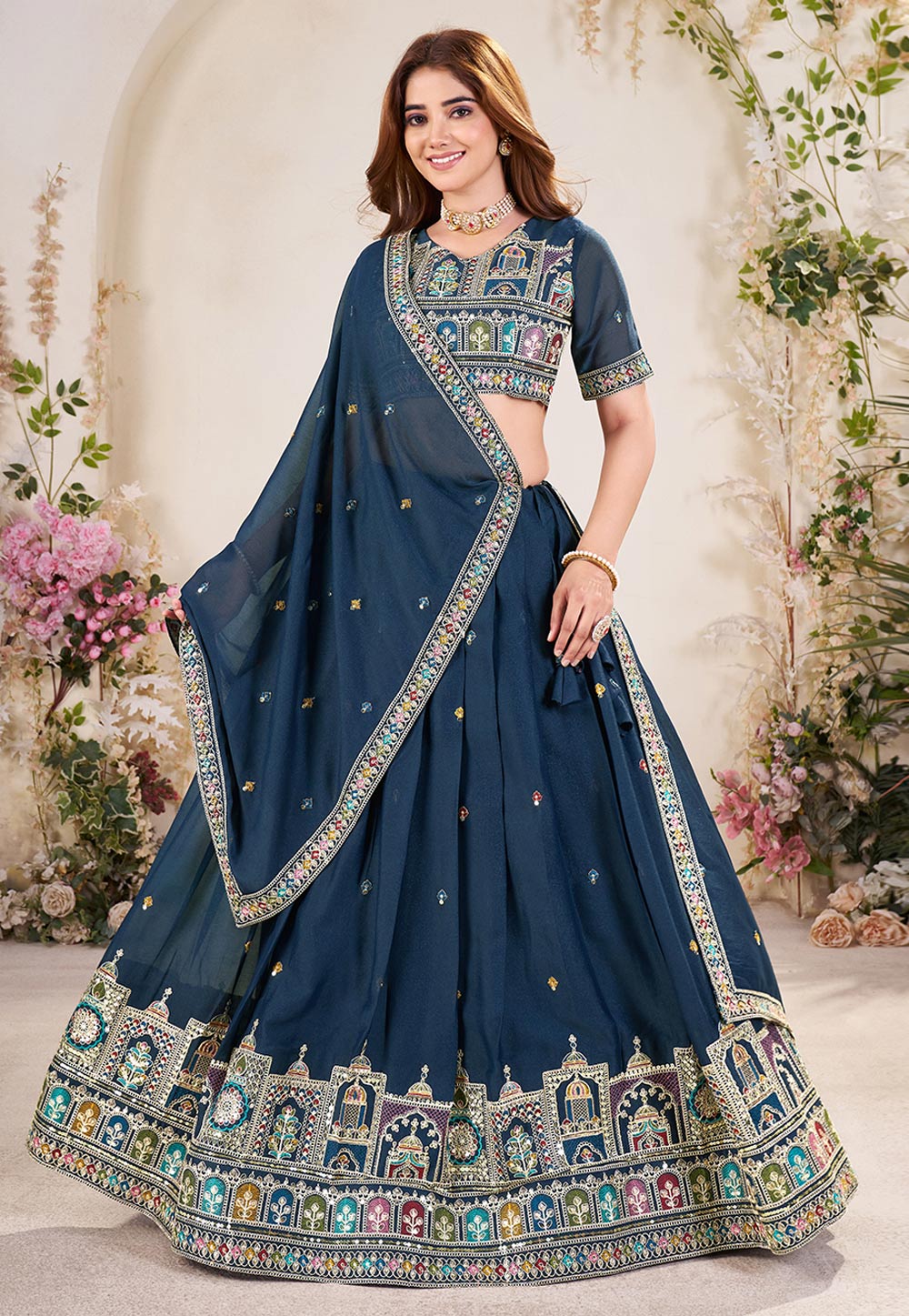 Navy Blue Georgette Circular Lehenga Choli 310951