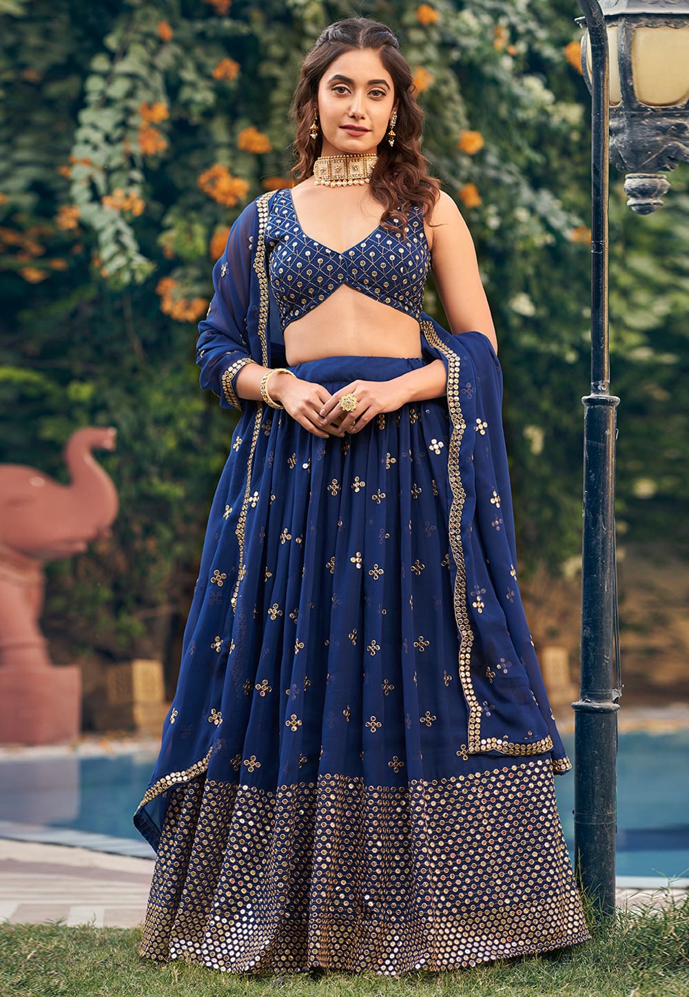 Navy Blue Georgette Circular Lehenga Choli 287715