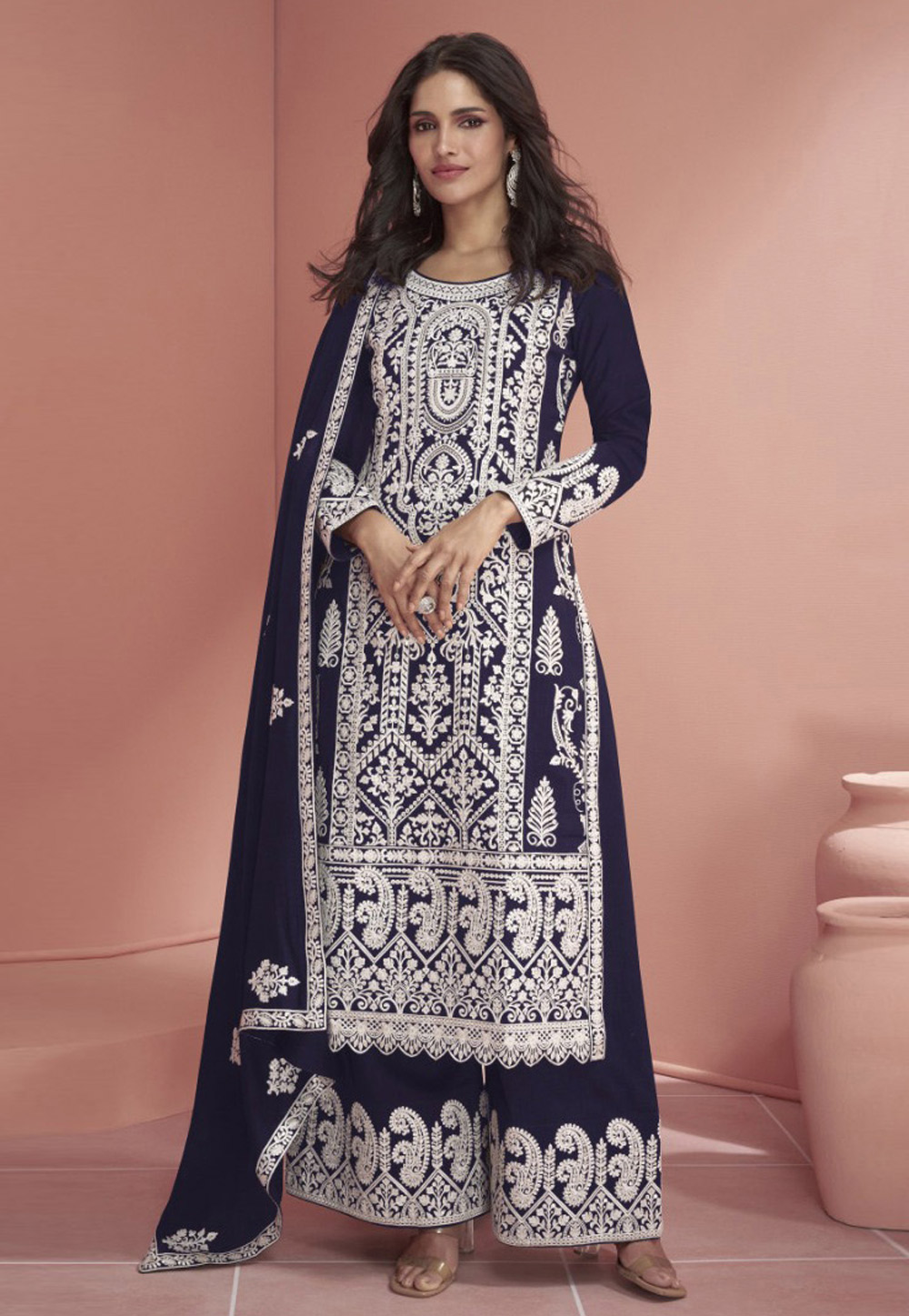 Navy Blue Georgette Embroidered Pakistani Suit 286540