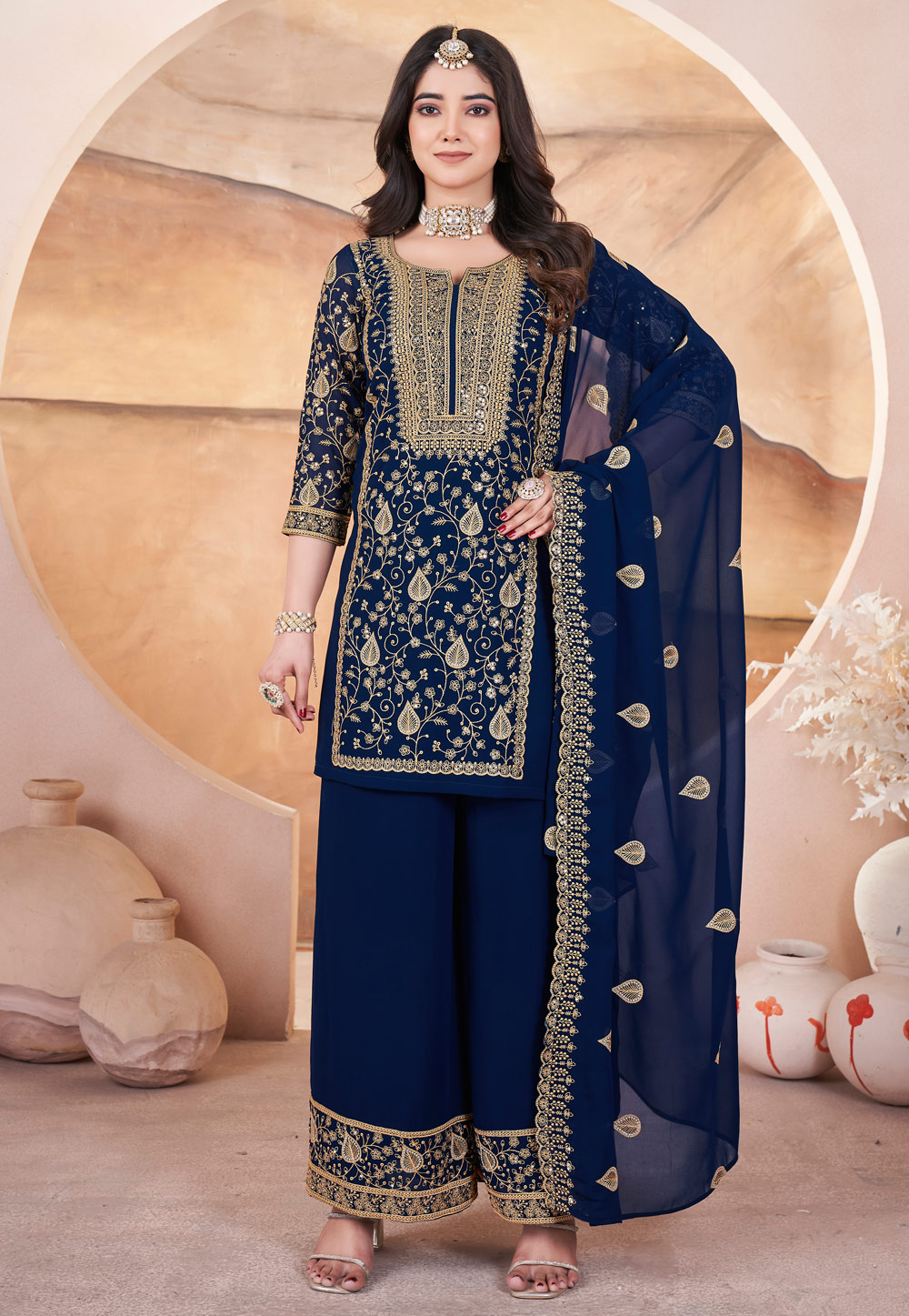 Navy Blue Georgette Embroidered Readymade Pakistani Suit 305322