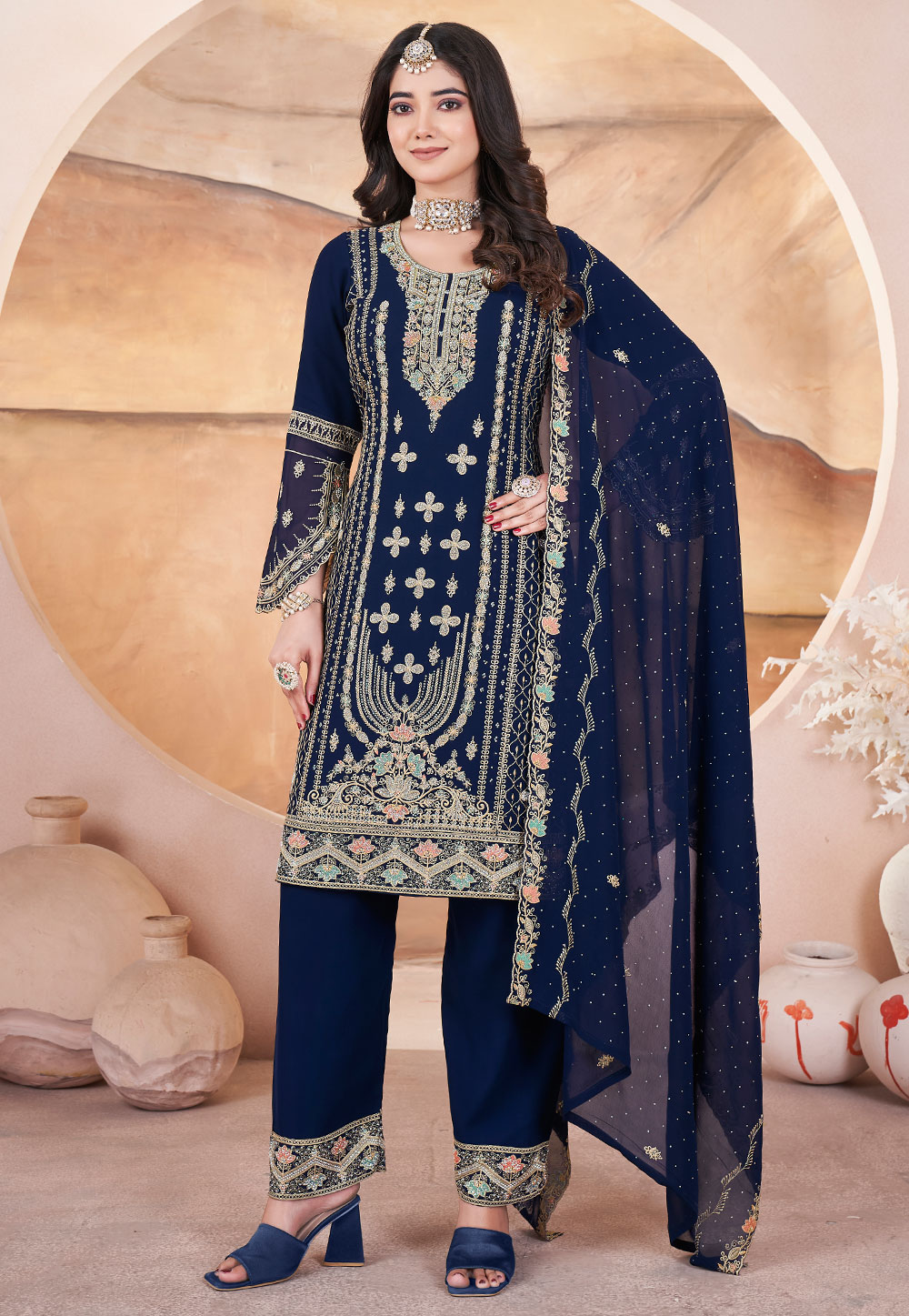 Navy Blue Georgette Embroidered Readymade Pant Style Suit 305325