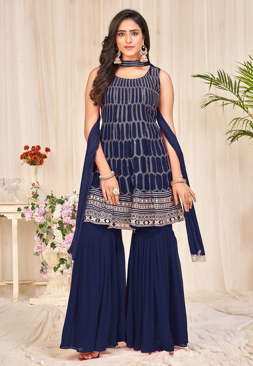 Navy Blue Georgette Gharara Suit 305717