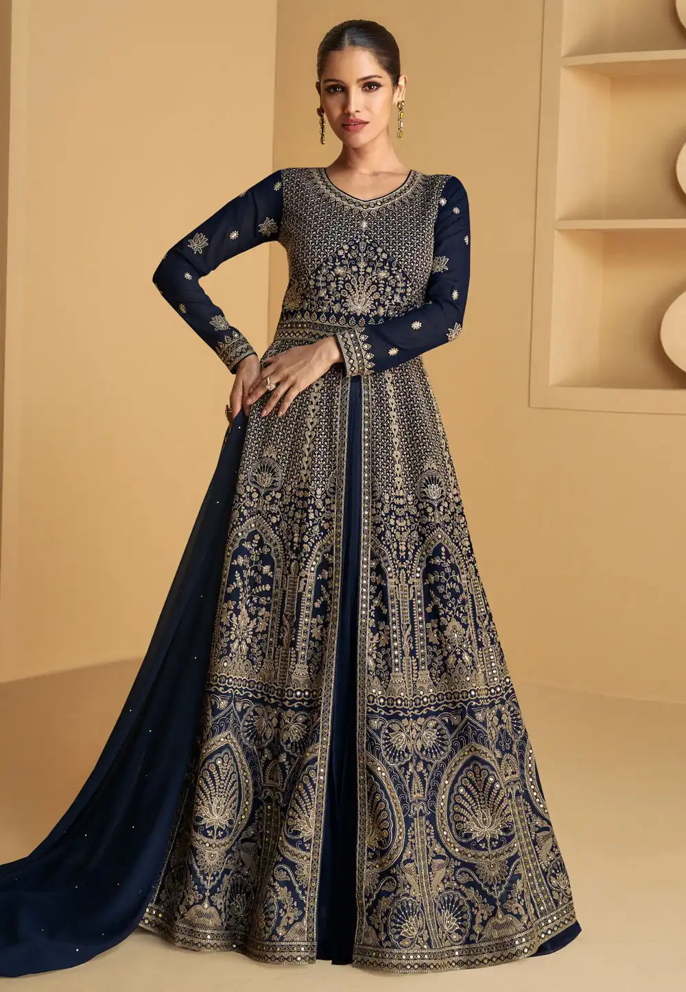 Navy Blue Georgette Indo Western Lehenga Choli 288976