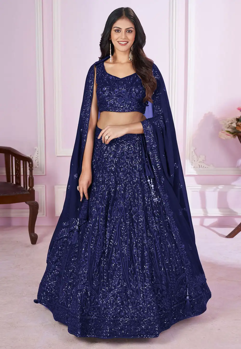 Navy Blue Georgette Lehenga Choli 292052