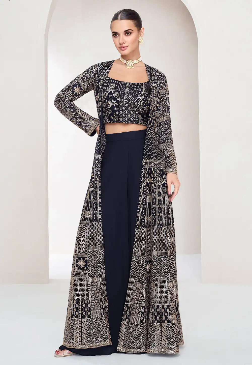 Navy Blue Georgette Palazzo With Crop Top 294901