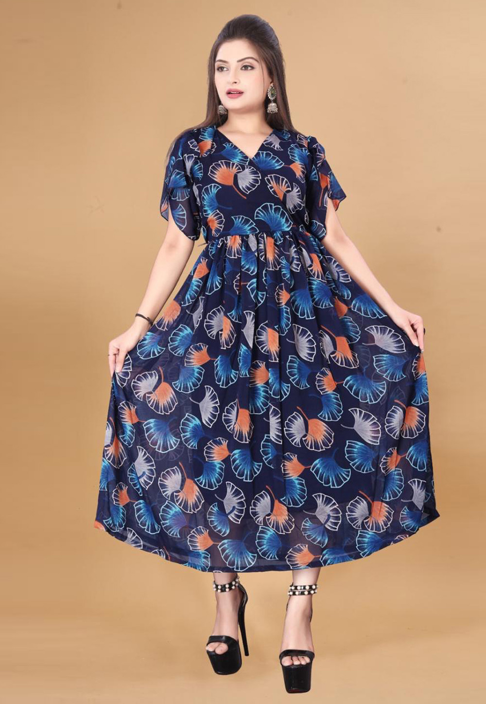 Navy Blue Georgette Printed Gown 285724