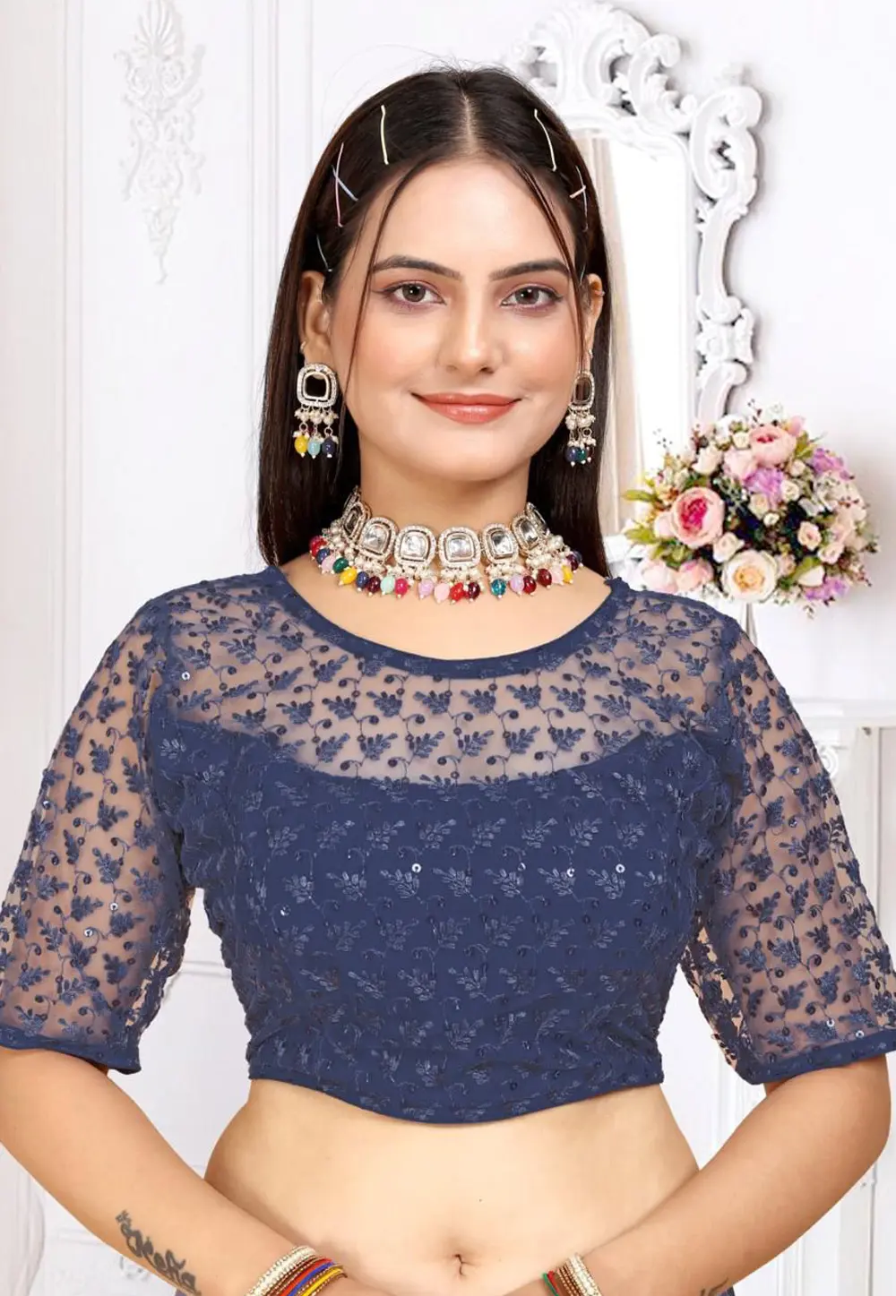 Navy Blue Georgette Readymade Blouse 304246