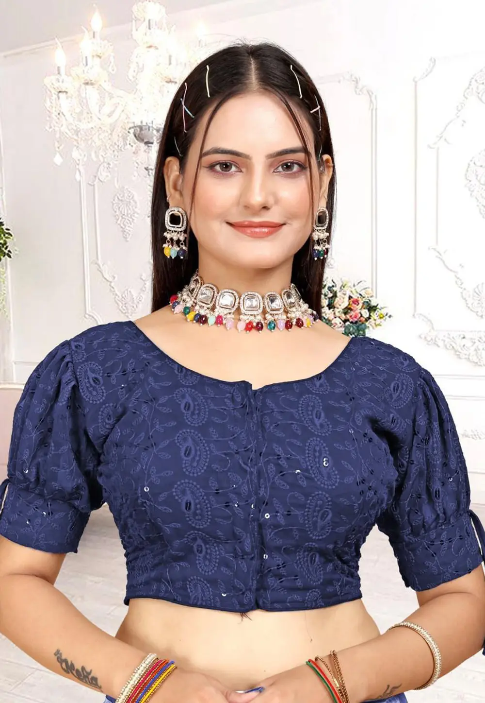 Navy Blue Georgette Readymade Blouse 304254