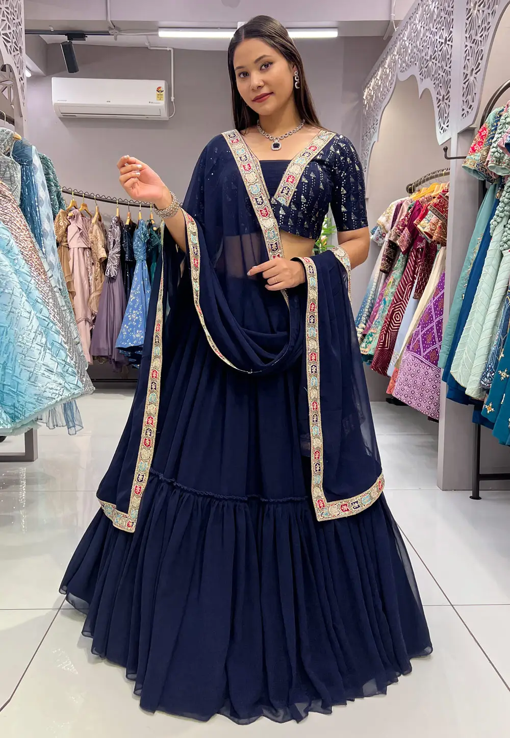 Navy Blue Georgette Readymade Circular Lehenga Choli 296784