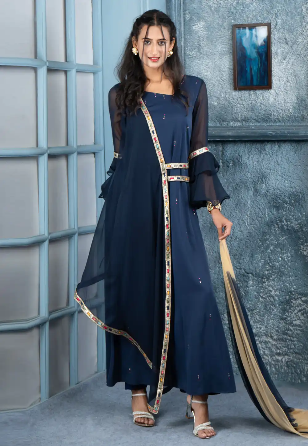 Navy Blue Georgette Readymade Designer Salwar Suit 290494